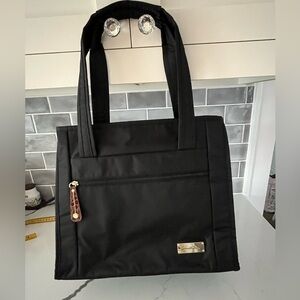 Samantha Brown Tote Purse Bag Black Nylon Travel Handbag Gold Fabric Interior